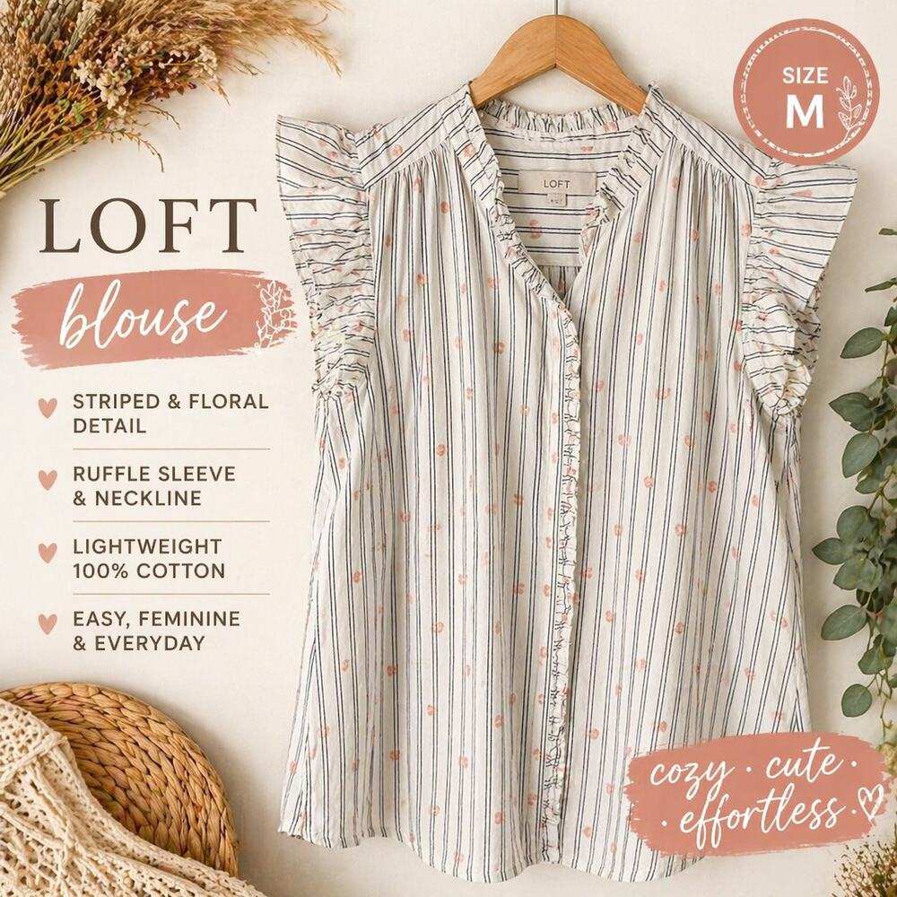LOFT Blouse Medium White Stripe Floral Ruffle Sleeve Lightweight Top